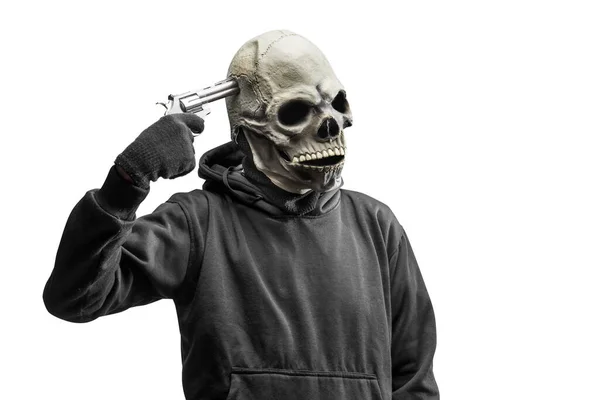 Man Med Skalle Huvud Kostym För Halloween Innehav Pistol Isolerad — Stockfoto