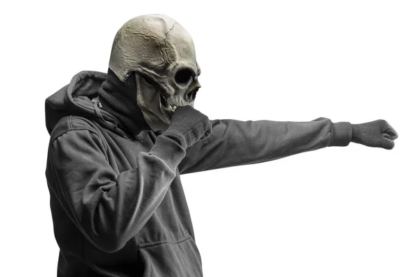 Mann Mit Totenkopf Kostüm Halloween Isoliert Vor Weißem Hintergrund — Stockfoto