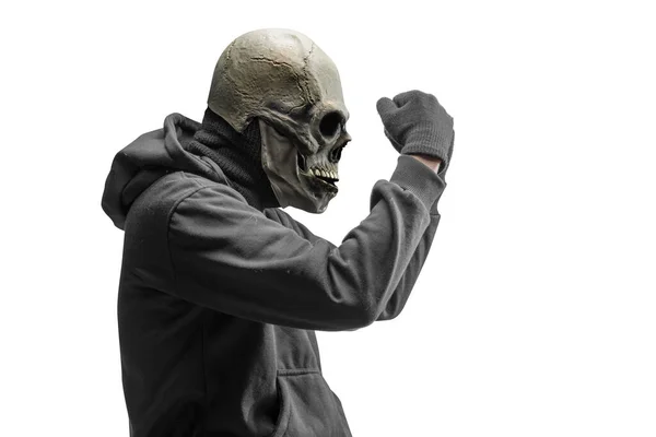 Mann Mit Totenkopf Kostüm Halloween Isoliert Vor Weißem Hintergrund — Stockfoto