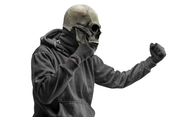 Man Skull Head Costume Halloween Isolated White Background — Stock Photo, Image