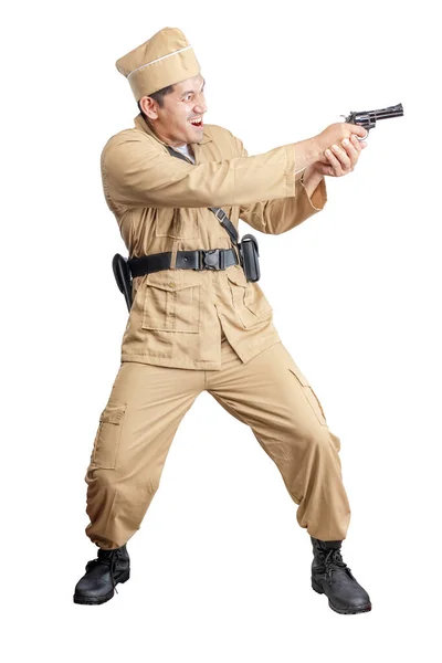 Indonesian Freedom Fighter Standing While Holding Gun Isolated White Background — Stock Photo, Image