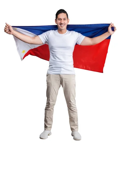 Азиатские Мужчины Празднуют День Независимости Филиппин Июня Держа Флаг Филиппин — стоковое фото