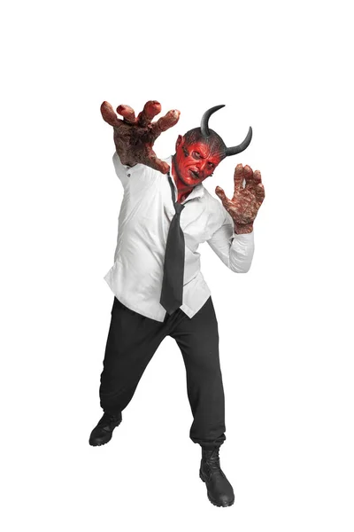 Devilman Elszigetelve Áll Fehér Háttér Felett Halloween Koncepció — Stock Fotó