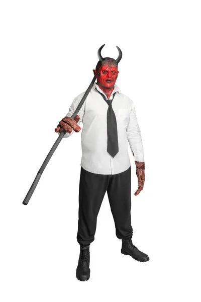 Devilman Sosteniendo Palos Aislados Sobre Fondo Blanco Concepto Halloween —  Fotos de Stock