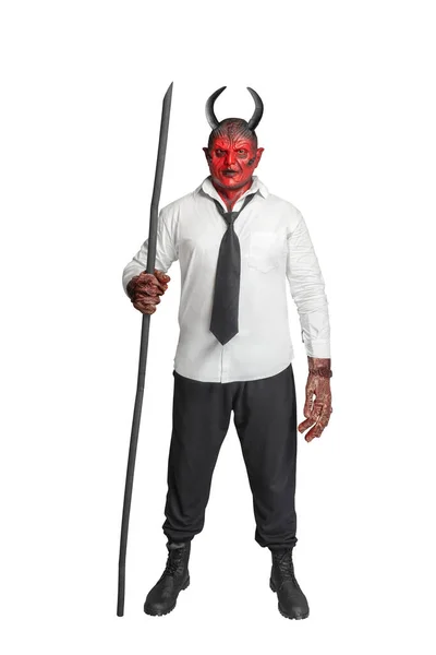 Devilman Sosteniendo Palos Aislados Sobre Fondo Blanco Concepto Halloween —  Fotos de Stock