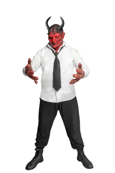 Devilman Elszigetelve Áll Fehér Háttér Felett Halloween Koncepció — Stock Fotó