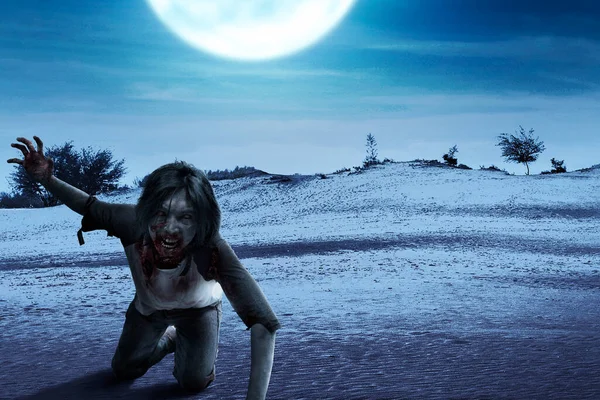 Scary Zombie Blood Wound His Body Crawling Field Moon Background — Stock Photo, Image