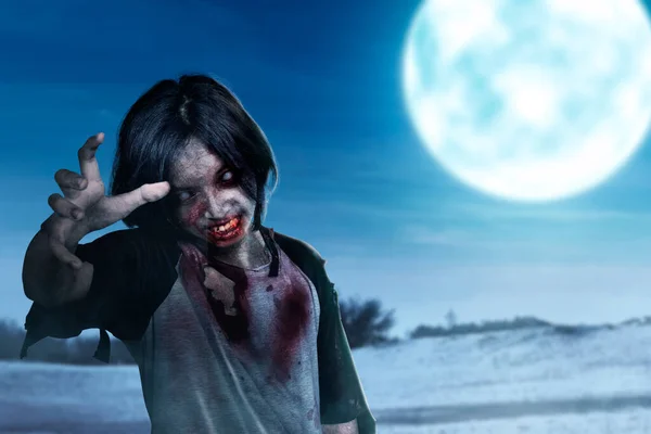 Scary Zombie Blood Wound His Body Standing Full Moon Background — 图库照片