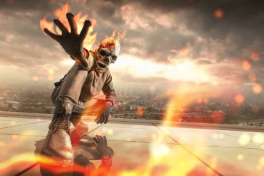 Kafatası kostümlü bir adam dramatik bir sahne geçmişi olan ateşli bir adam. Cadılar Bayramı konsepti