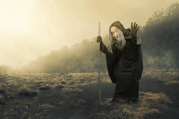 Old witch in a cloak with a stick standing on the field with a dramatic background. Halloween concept