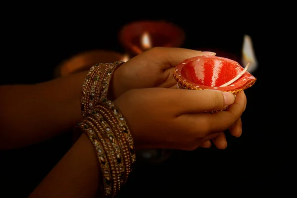Woman Hand Holding Diya Oil Lamps Diwali Festival Hindu Festival — Stock Photo, Image