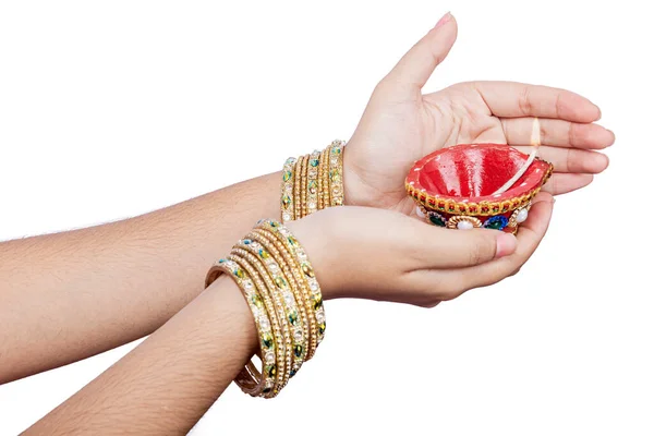 Woman Hand Holding Diya Oil Lamps Diwali Festival Isolated White — Stock Photo, Image