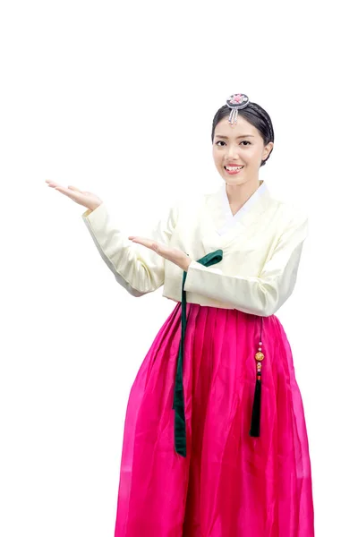 Mujer Asiática Vestida Con Traje Nacional Coreano Tradicional Hanbok Pie —  Fotos de Stock