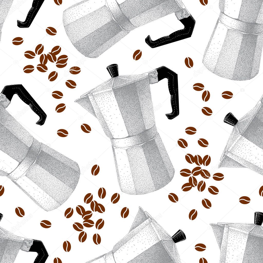 Seamless pattern, geyser coffee maker. Moka pot with coffee beans. Vector illustration in vintage style. Realistic sketch in retro. Pointillism.