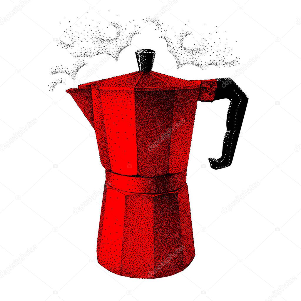 Geyser coffee maker. Hot Moka pot of red color with steam. Vector hand drawn illustration in vintage style. Realistic sketch in retro. Pointillism.