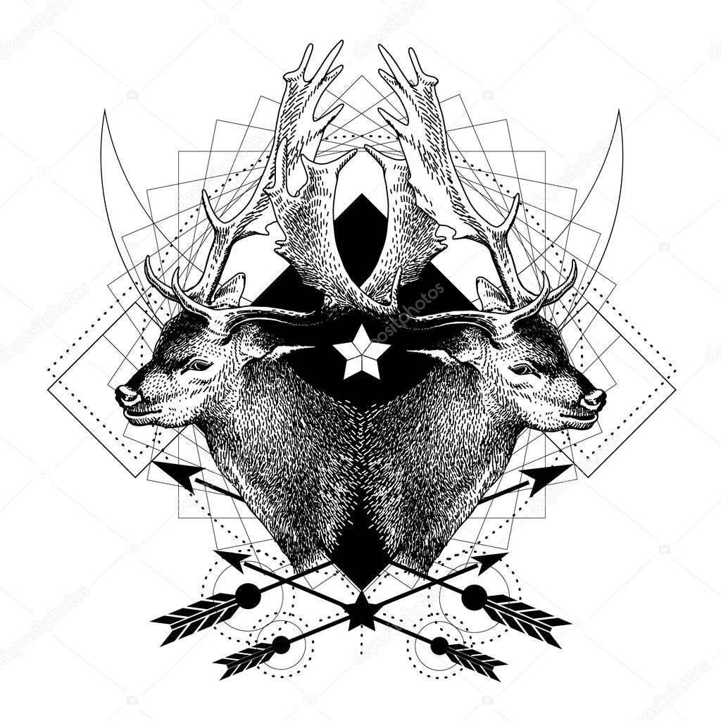 Detailed sketch portrait of a horned deer with geometric. Black vector illustration. Print, poster, t-shirt. Mystic, spirituality, occultism, tattoo.