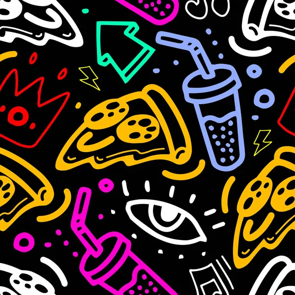 Fast food seamless pattern with hand drawn pizza, drink, crown, eye, lightning. Cute vector black background. Stylish youth design for print. — Stock Vector