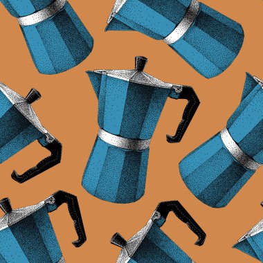 Kusursuz desenli, mavi renkli gayzer kahve üreticileri. Moka kapları. İtalyan Moka Ekspresi. Vintage vektör illüstrasyonu. Gerçekçi çizim. Noktacılık.