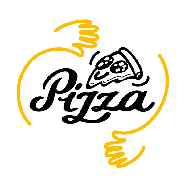 Pizza juntos. Logo con abrazos de manos. Letras con vector caligráfico. Rebanada triangular de pizza. Plato italiano reúne a amigos. — Vector de stock
