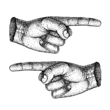 Forefinger. İşaret, el hareketi yön gösteriyor. El yapımı klasik taslak, vektör illüstrasyonu, noktalama. İki yön - sol, sağ.