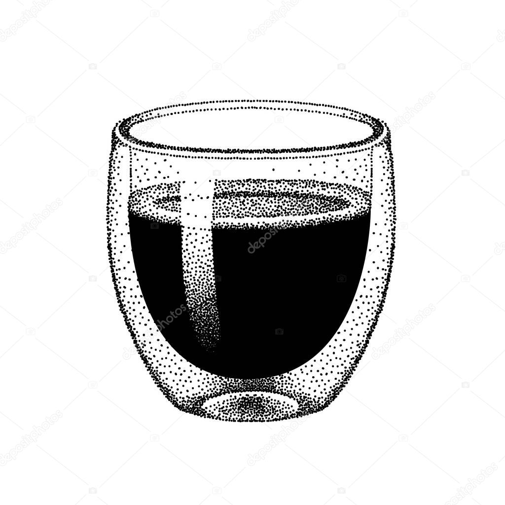 Glossy glass double wall cup with hot coffee. Realistic sketch in pointillism style. Hand-drawn vector for menu, cafe, restaurante, product design.