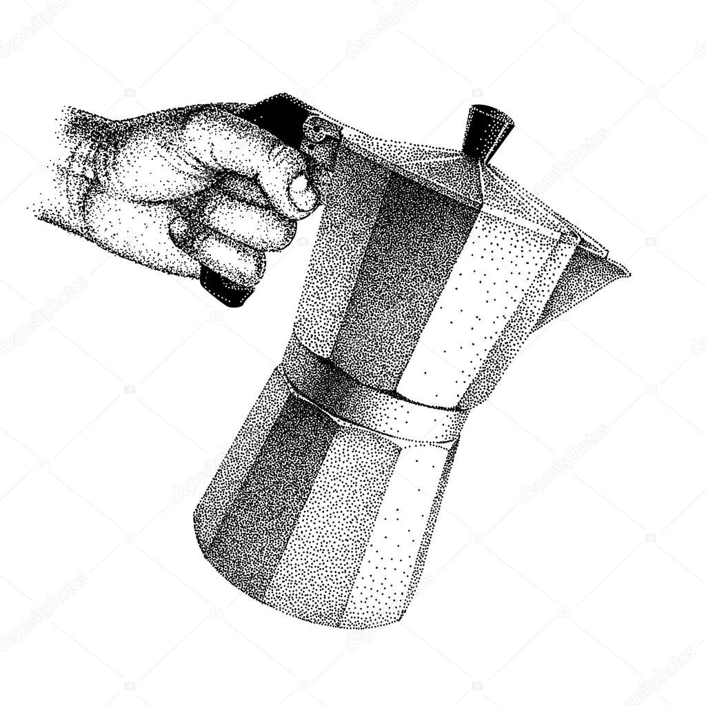 Geyser coffee maker in human hand. Pour coffee from Moka pot. Waiter, barista holding Italian Moka Express. Vector illustration in Pointillism style.
