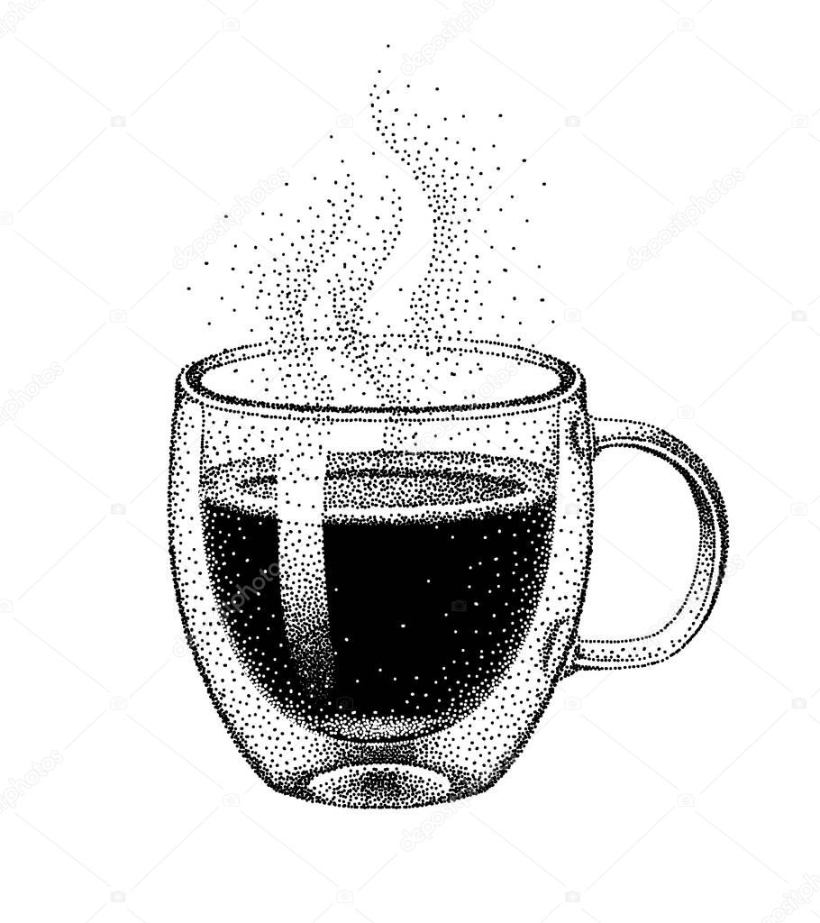 Glass double wall cup, hot coffee with steam. Realistic sketch. Mug of aroma americano. Illustration in vintage pointillism style. Hand-drawn engraved