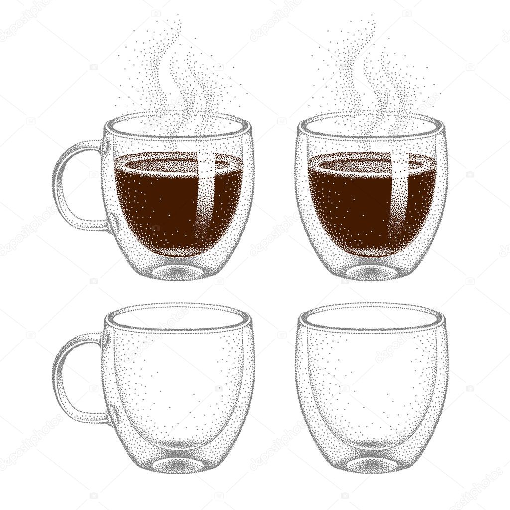 Set of glass double wall cup, hot coffee with steam. Realistic sketch, collection of mugs. Illustration in vintage pointillism style, engraving style.