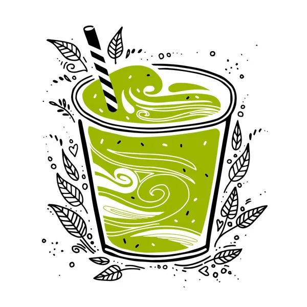 Matcha-Grüntee-Cocktail, Getränk, Smoothie im transparenten Glas. Becher mit Stroh vorhanden. Handgezeichneter Vektor. Mit Blättern dekorieren. Japanisches Getränk. — Stockvektor