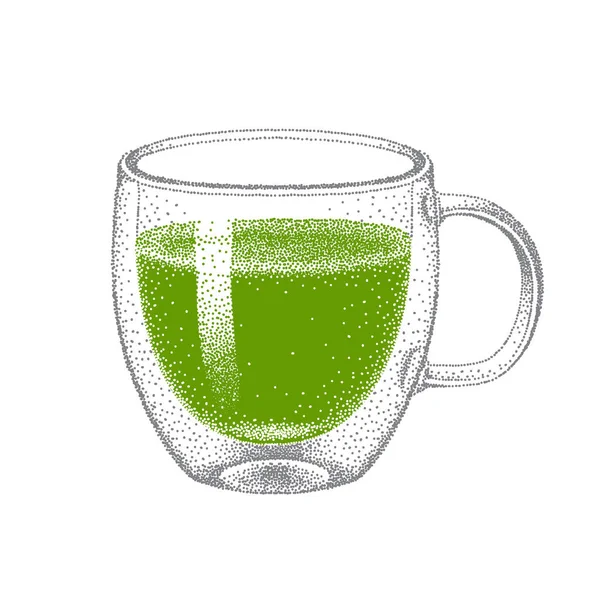 Matcha grüner Tee in Glas doppelwandig Tasse. Realistische Skizze. Japanisches Getränk. Grüner Tee trinken. Illustration in Pointillismus. Handgezeichnet. — Stockvektor