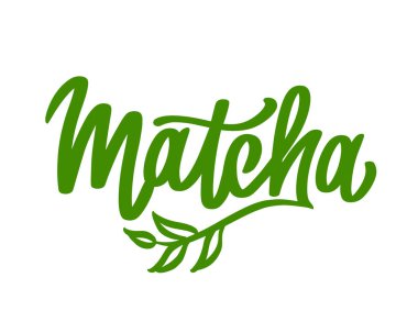 Matcha logo tasarımı. Dal yeşili yapraklarla süslenmiş. Çay ürünü için el çizimi vektör kaligrafisi. Japon içeceği. Yeşil çay..