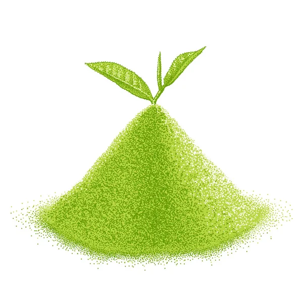 Montón de té matcha en polvo con hojas verdes. Rama, ramita, rama en un montón de té verde. Brote. Esbozo realista. Estilo puntillismo. Vector dibujado a mano. — Vector de stock