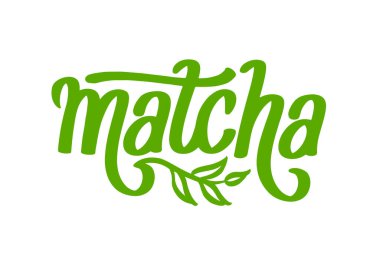 Matcha logo tasarımı. Dal yeşili yapraklarla süslenmiş. Çay ürünü için el çizimi vektör kaligrafisi. Japon içeceği. Yeşil çay..