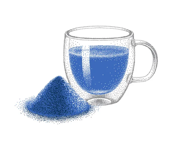 Butterfly pea blue matcha tea with powder in glass double wall cup. Realistic. Blue tea drink. Sketch in pointillism style. Hand-drawn vector. — Stockvektor