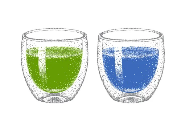 Green vs blue matcha. Butterfly pea blue tea, japanese green tea drink. Glass double wall cup. Sketch. Illustration in pointillism. Hand-drawn vector. — Vetor de Stock