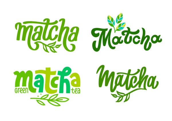 Set of Matcha logo design. Lettering decorated of branch green leaves. Hand-drawn vector calligraphy for tea product. Green asian japanese beverage. — Stockvektor