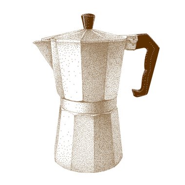 Geyser coffee maker. Moka pot of brown color. Vector hand drawn illustration in vintage style. Realistic sketch in retro. Pointillism.