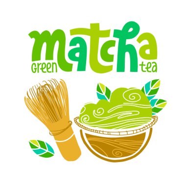 Yeşil yapraklı ve çırpılmış kibrit tozu. Japon içeceği. Elle çizilmiş vektör. Yeşil çay içmek için cesur bir kullanım tarzı var..