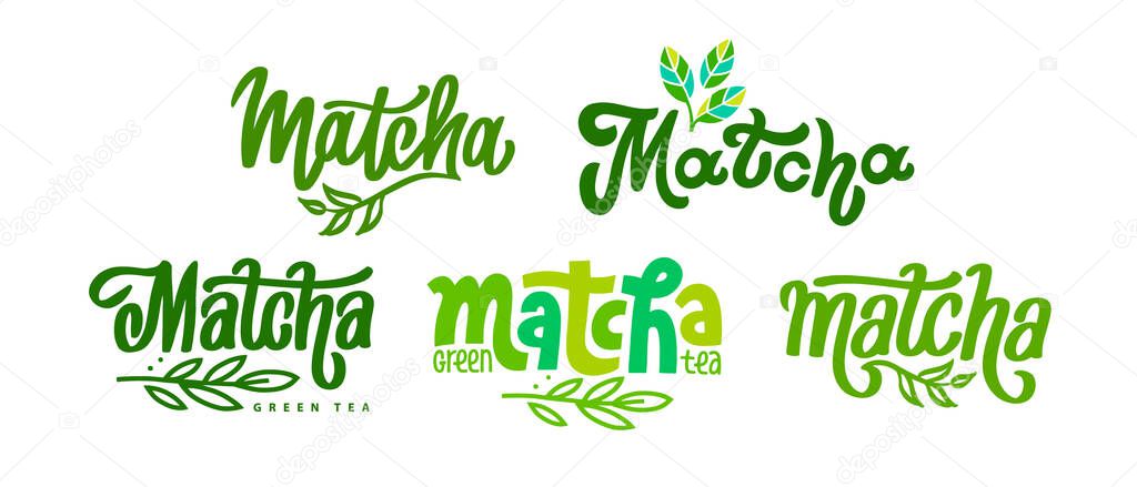 Set of Matcha logo design. Lettering decorated of branch green leaves. Hand-drawn vector calligraphy for tea product. Green asian japanese beverage.