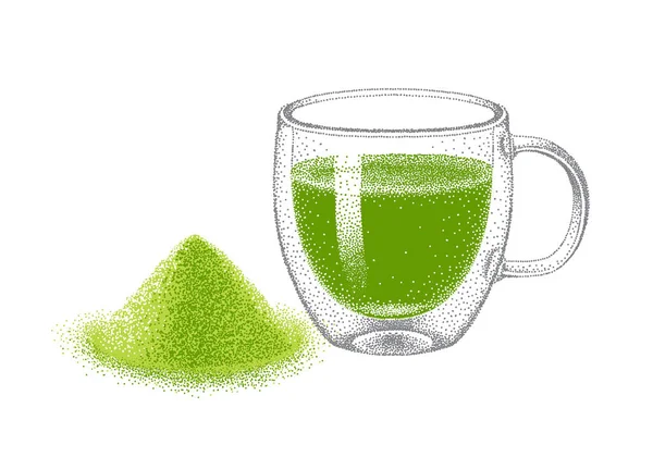 Matcha grüner Tee in Glas doppelwandig Tasse. Pulver von grünem Tee. Realistische Skizze. Illustration im Vintage-Stil, Pointillismus. Handgezeichneter Vektor. — Stockvektor