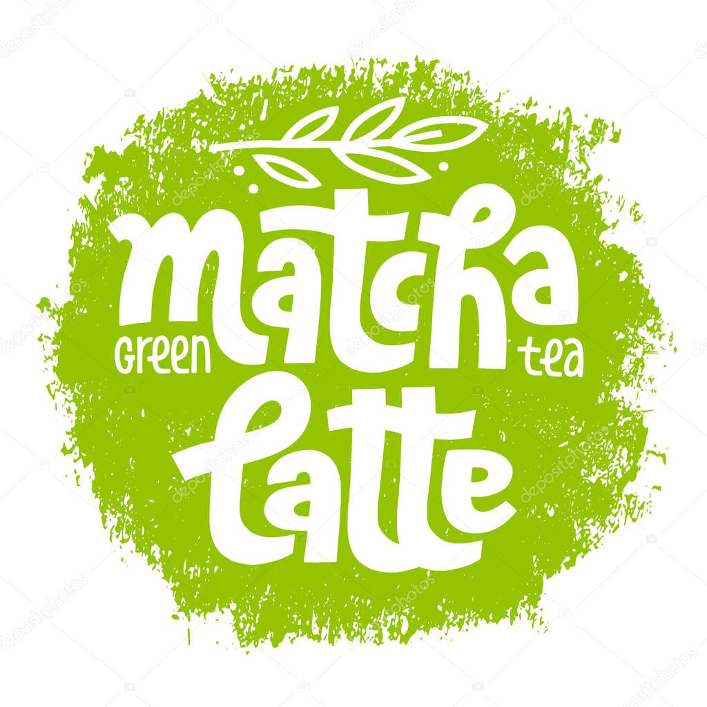 Matcha latte lettering design. Background of green powder for tea product. Hand-drawn vector word. Green tea drink. Bold style use for brand and logo.