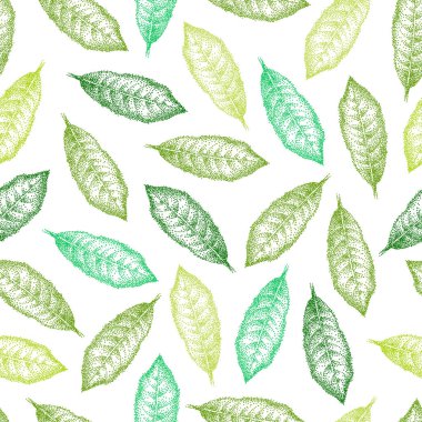 Kibrit yeşil çay yaprakları. Kusursuz desen. Gerçekçi vektör çizimi. İşleme tarzında bir süs. Bitmap tarzı. El çizimi noktalama arkaplanı.