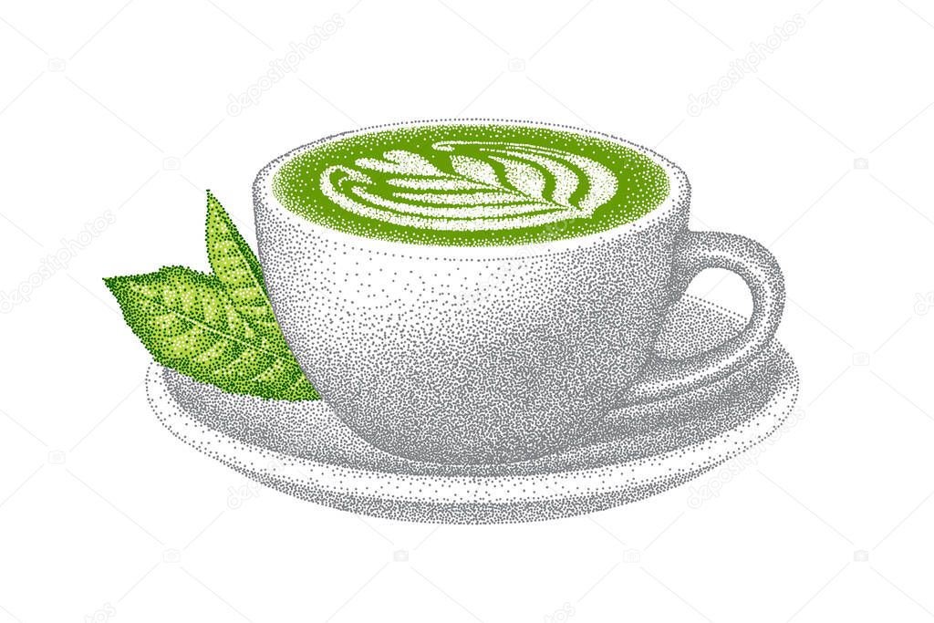 Matcha latte. Green tea with milk in cup. Realistic sketch with green tea leaves. Illustration in vintage bitmap pointillism style. Hand-drawn vector.