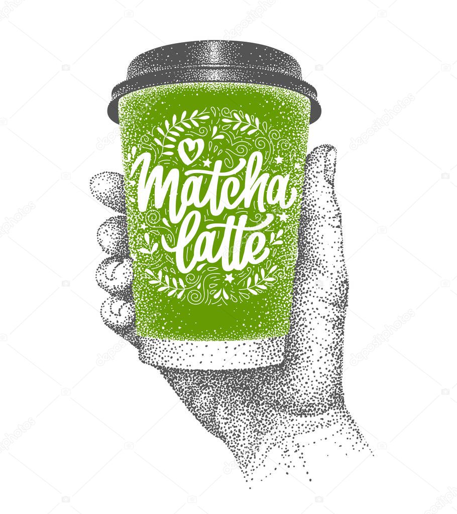 Matcha latte to go. Green tea takeaway. Paper cup in human hand. Vector hand-drawn sketch. Lettering and decorative elements in doodle style.