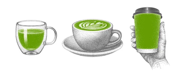 Matcha set. Green tea in glass double wall cup. Tea with milk in ceramic cup on saucer. Latte to go, takeaway. Paper cup in human hand. Vector sketch. — Stock Vector