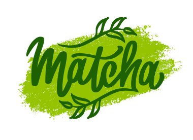 Matcha harfleri. Çay dalı yapraklı mektup. Yeşil tozun arka planı. Logo yeşil çay içeceği. Çay ürünü için el çizimi vektör kaligrafisi.