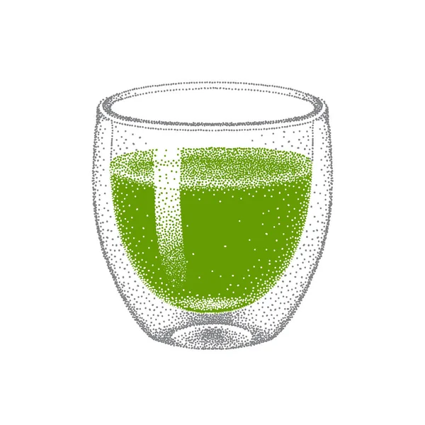 Matcha chá verde em copo de parede dupla de vidro. Um esboço realista. Bebida japonesa. Bebida de chá verde. Ilustração no pontilhismo. Gravado à mão. — Vetor de Stock