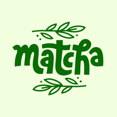 Matcha harf dizaynı. Logo. Çay ürünleri için yeşil yapraklı dekorasyon. El çizimi vektör kaligrafisi. Asya Japon içeceği. Yeşil çay..