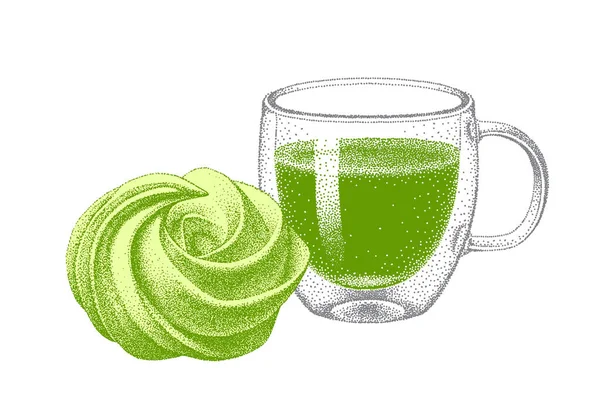 Matcha zöld tea és édes torta. Desszert zöld tea ízesítéssel. Italok dupla falú üvegpohárban. Reális vázlat. Japán ital édességgel. — Stock Vector