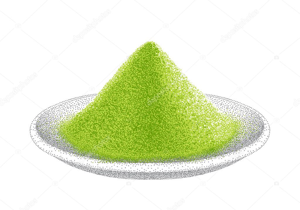 Matcha powder. Pile of green tea on plate. Realistic sketch. Shredded leaves for green tea drink. Illustration in vintage style. Hand-drawn vector.